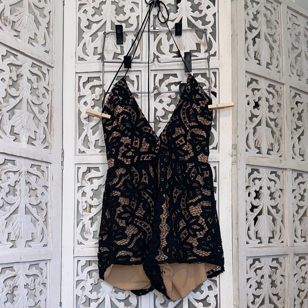 Tobi Black Lace Halter Mini Romper with Nude Lining